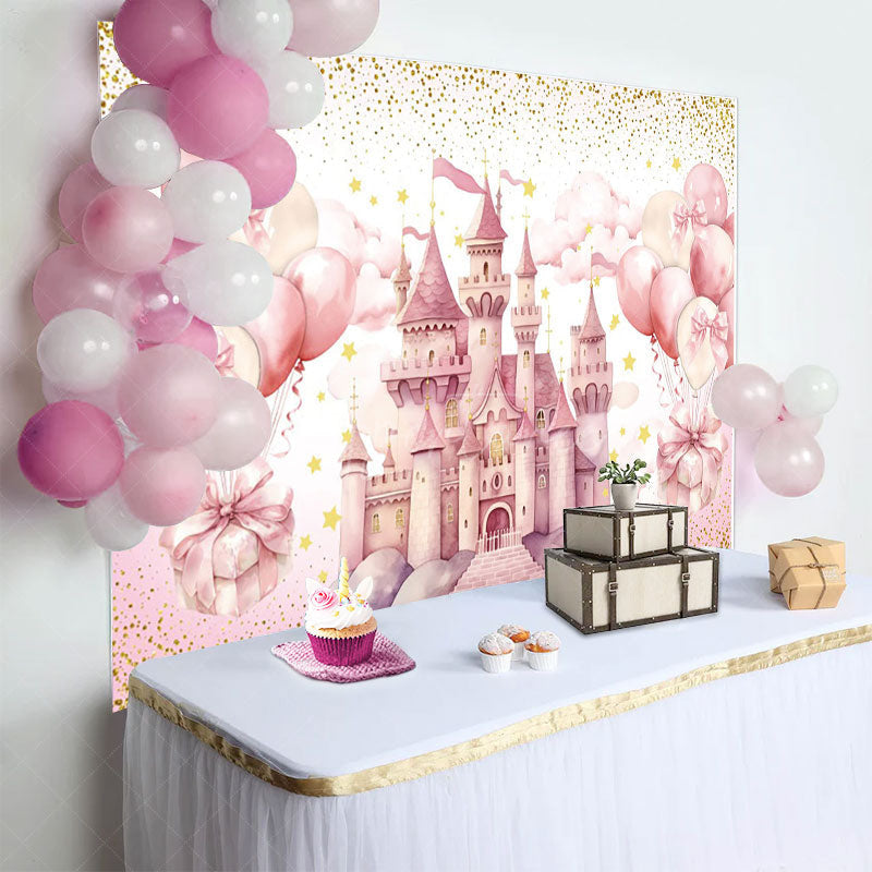 Aperturee - Aperturee Sweet Pink Balloon Castle Happy Birthday Backdrop