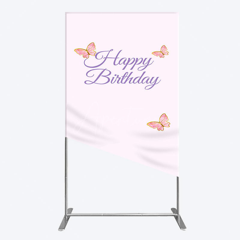 Aperturee - Aperturee Sweet Pink Butterfly Happy Birthday Rectangle Backdrop