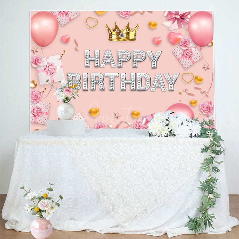 Aperturee - Aperturee Sweet Pink Crown Balloon Happy Birthday Backdrop