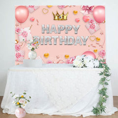 Aperturee - Aperturee Sweet Pink Crown Balloon Happy Birthday Backdrop