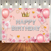Aperturee - Aperturee Sweet Pink Crown Balloon Happy Birthday Backdrop