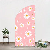 Aperturee - Aperturee Sweet Pink Daisy Flower Half Moon Arch Backdrop with Golden Glitter and Sparkles Perfect for Birthday Party Decor