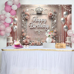 Aperturee - Aperturee Sweet Pink Floral Balloon Crown Birthday Backdrop