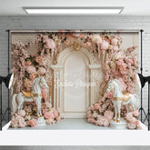 Aperturee - Aperturee Sweet Pink Floral Horses Elegant Wedding Backdrop