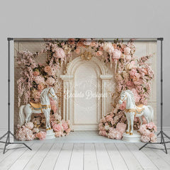 Aperturee - Aperturee Sweet Pink Floral Horses Elegant Wedding Backdrop
