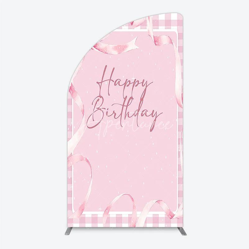 Aperturee - Aperturee Sweet Pink Gingham Happy Birthday Half Moon Arch Backdrop with Watercolor Ribbons Elegant Party Decoration