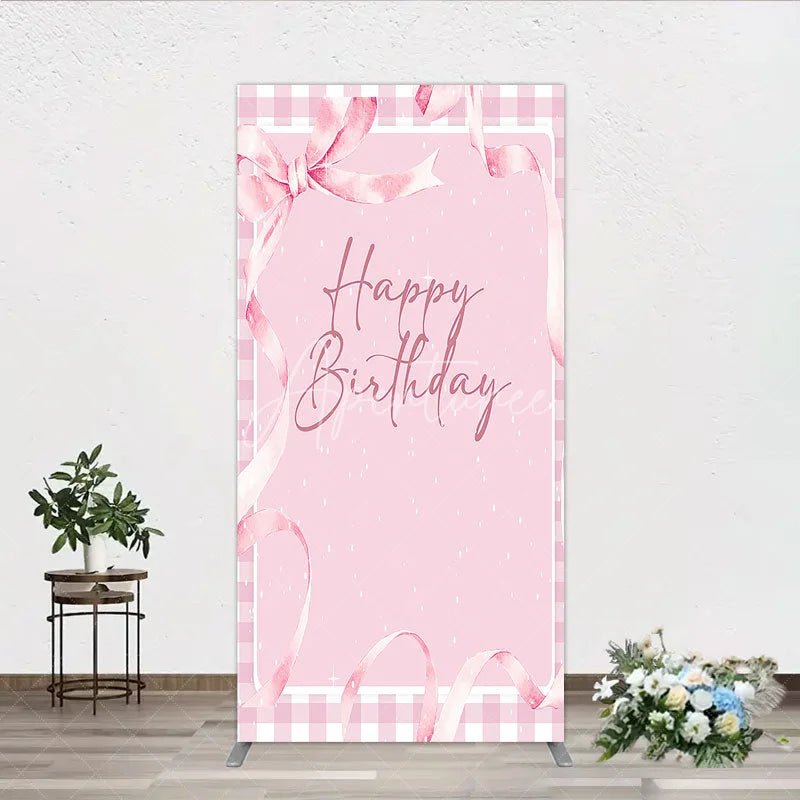 Aperturee - Aperturee Sweet Pink Gingham Happy Birthday Rectangle Arch Backdrop with Watercolor Ribbons Festive Party Decor