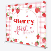 Aperturee - Aperturee Sweet Pink Gingham Strawberry Berry First Birthday Square Double-Sided Backdrop Cute Baby Shower Party Decor