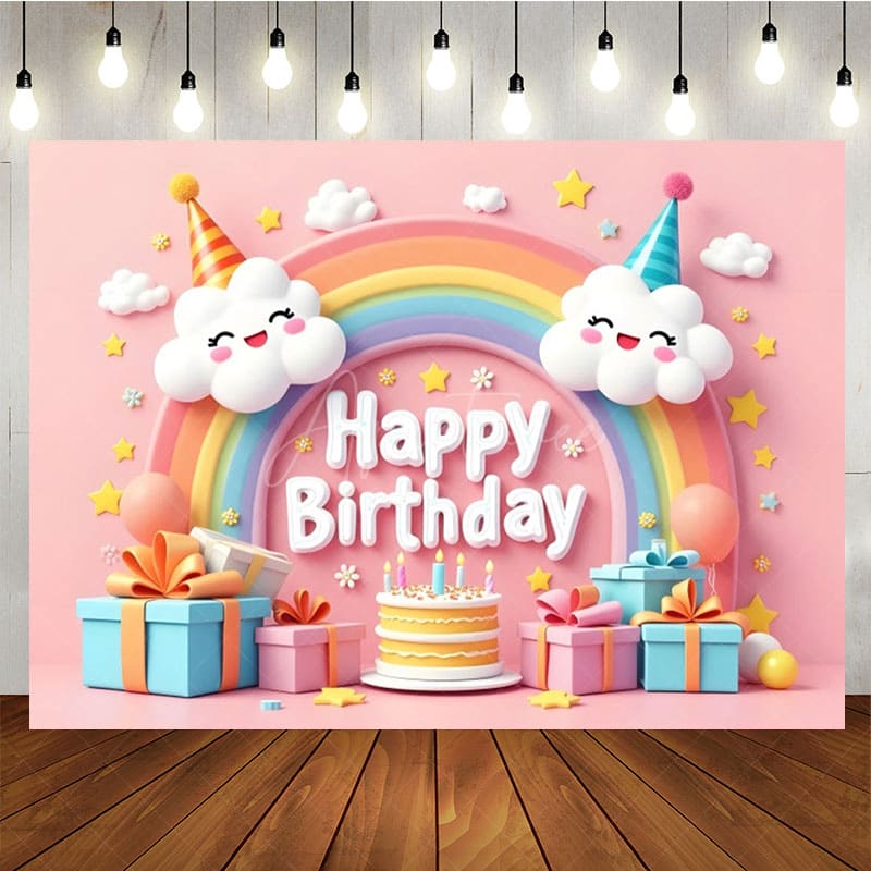 Aperturee - Aperturee Sweet Pink Lovely Rainbow Clouds Birthday Backdrop
