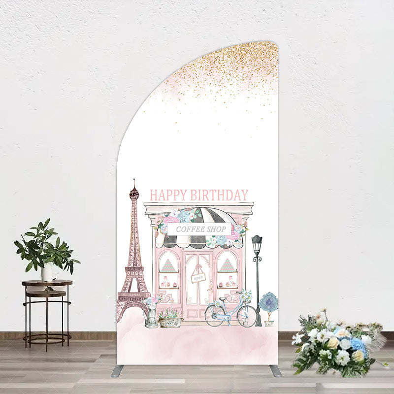 Aperturee - Aperturee Sweet Pink Paris French Cafe Birthday Half Moon Arch Backdrop