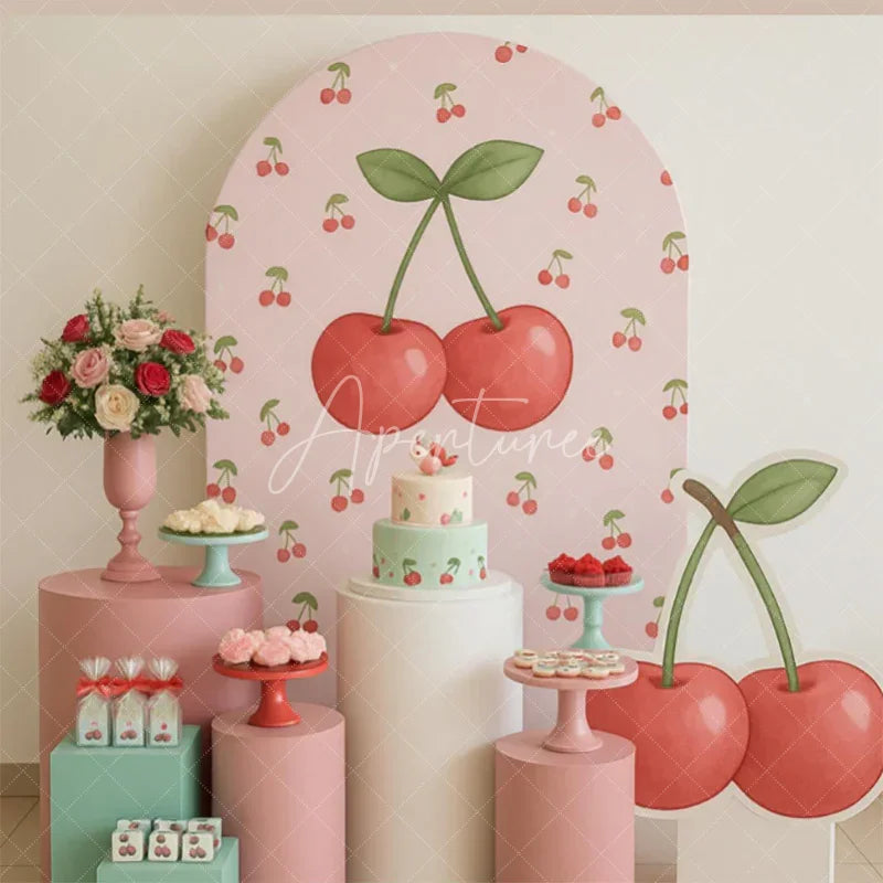 Aperturee - Aperturee Sweet Pink Red Cherry Happy Birthday Arch Backdrop