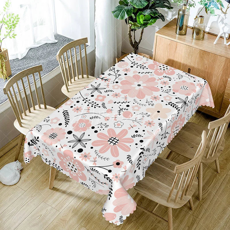 Aperturee - Aperturee Sweet Pink Spring Tablecloth with Fresh Floral Drawings for Girls Birthday Baby Shower or Garden Party