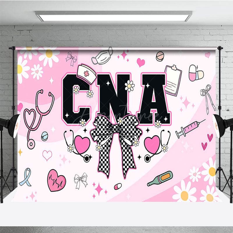 Aperturee - Aperturee Sweet Pink White Daisy Bow Happy CNA Week Backdrop