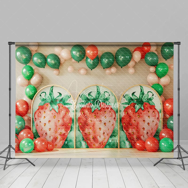 Aperturee - Aperturee Sweet Strawberry Balloon Birthday Cake Smash Backdrop