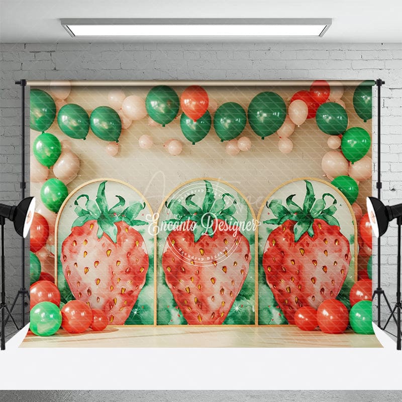Aperturee - Aperturee Sweet Strawberry Balloon Birthday Cake Smash Backdrop
