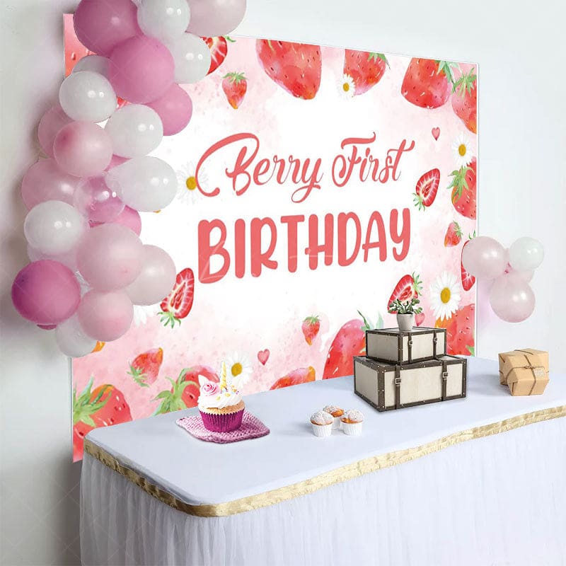 Aperturee - Aperturee Sweet Strawberry Girl Pink First Birthday Backdrop
