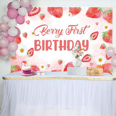 Aperturee - Aperturee Sweet Strawberry Girl Pink First Birthday Backdrop