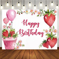 Aperturee - Aperturee Sweet Strawberry Happy Birthday Backdrop Summer Berry and Pink Balloons Fun Fruit Themed Party Photo Prop Decor