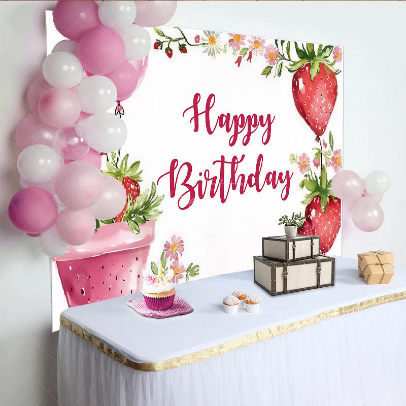 Aperturee - Aperturee Sweet Strawberry Happy Birthday Backdrop Summer Berry and Pink Balloons Fun Fruit Themed Party Photo Prop Decor