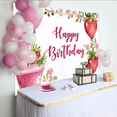 Aperturee - Aperturee Sweet Strawberry Happy Birthday Backdrop Summer Berry and Pink Balloons Fun Fruit Themed Party Photo Prop Decor