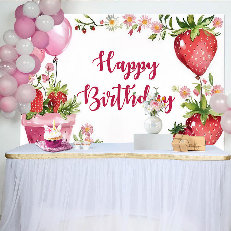Aperturee - Aperturee Sweet Strawberry Happy Birthday Backdrop Summer Berry and Pink Balloons Fun Fruit Themed Party Photo Prop Decor