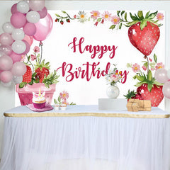 Aperturee - Aperturee Sweet Strawberry Happy Birthday Backdrop Summer Berry and Pink Balloons Fun Fruit Themed Party Photo Prop Decor