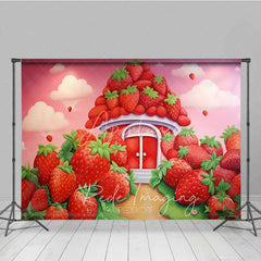 Aperturee - Aperturee Sweet Strawberry House Cake Smash Photography Backdrop Fantasy Fruit Garden Red Pink Background Kids Birthday Photo