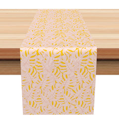 Aperturee - Aperturee Sweet Summer Leaves Table Runner in Pink and Yellow Repeating Botanical Pattern Fresh Kitchen or Party Decor