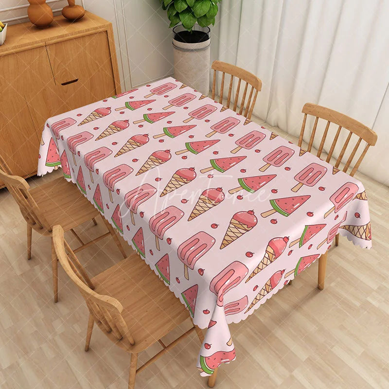 Aperturee - Aperturee Sweet Summer Rectangle Tablecloth Pink Ice Cream and Watermelon Dining Table Decor