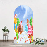 Aperturee - Aperturee Sweet Winter Wonderland Round Top Arch Backdrop with Cupcakes Gingerbread and Candy Canes for Holiday Party Decor
