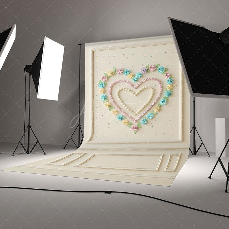 Aperturee Aperturee Sweetheart Cake Smash Photography Backdrop Pastel Cream Roses Heart on White Wall First Birthday Photo Prop