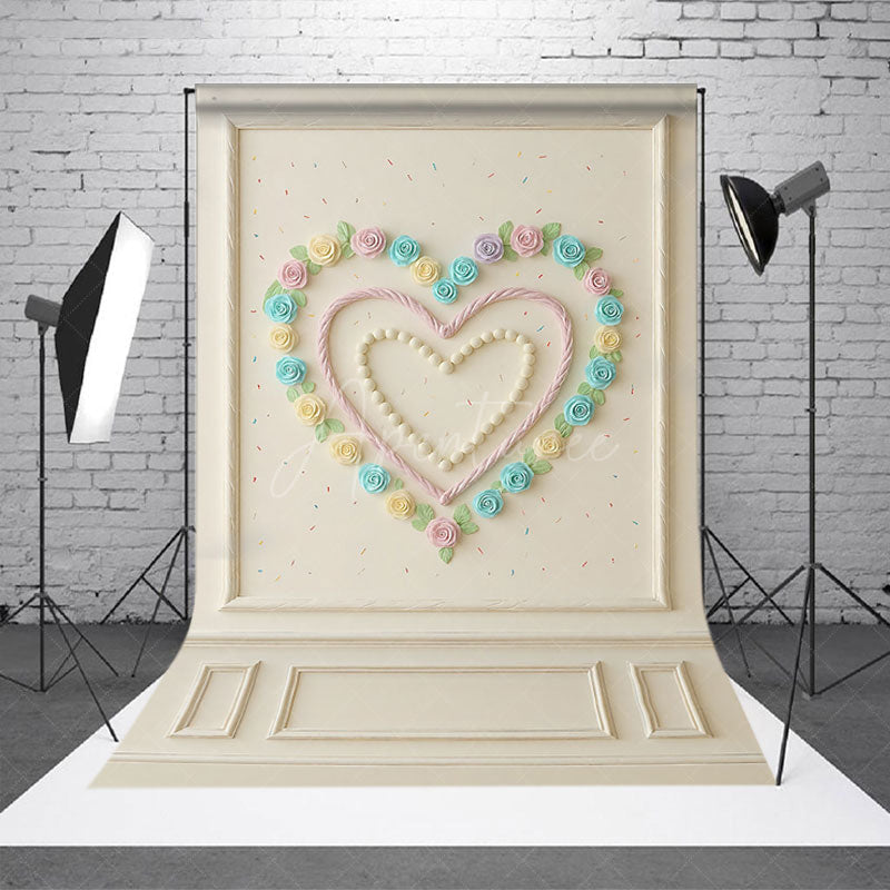Aperturee Aperturee Sweetheart Cake Smash Photography Backdrop Pastel Cream Roses Heart on White Wall First Birthday Photo Prop