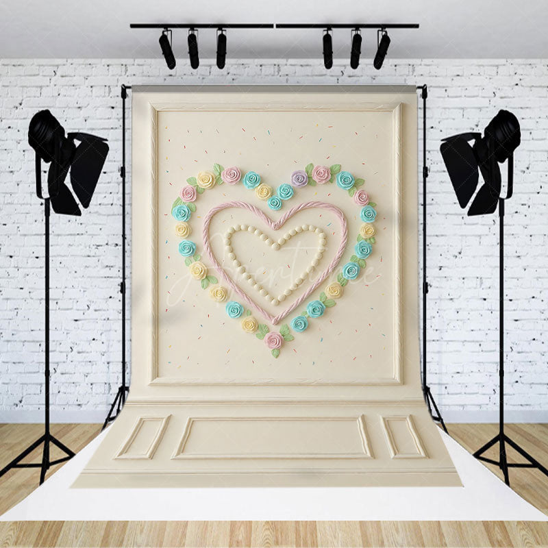 Aperturee Aperturee Sweetheart Cake Smash Photography Backdrop Pastel Cream Roses Heart on White Wall First Birthday Photo Prop