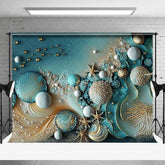 Aperturee - Aperturee Teal Abstract Bubble and Gold Starfish Backdrop Pearl Ocean Photography Background Summer Event Decor