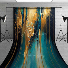 Aperturee - Aperturee Teal and Gold Dripping Paint Abstract Backdrop Vertical Textured Strokes Photography Background