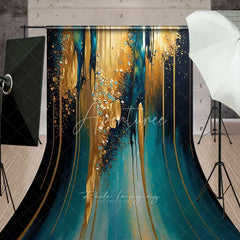 Aperturee - Aperturee Teal and Gold Dripping Paint Abstract Backdrop Vertical Textured Strokes Photography Background
