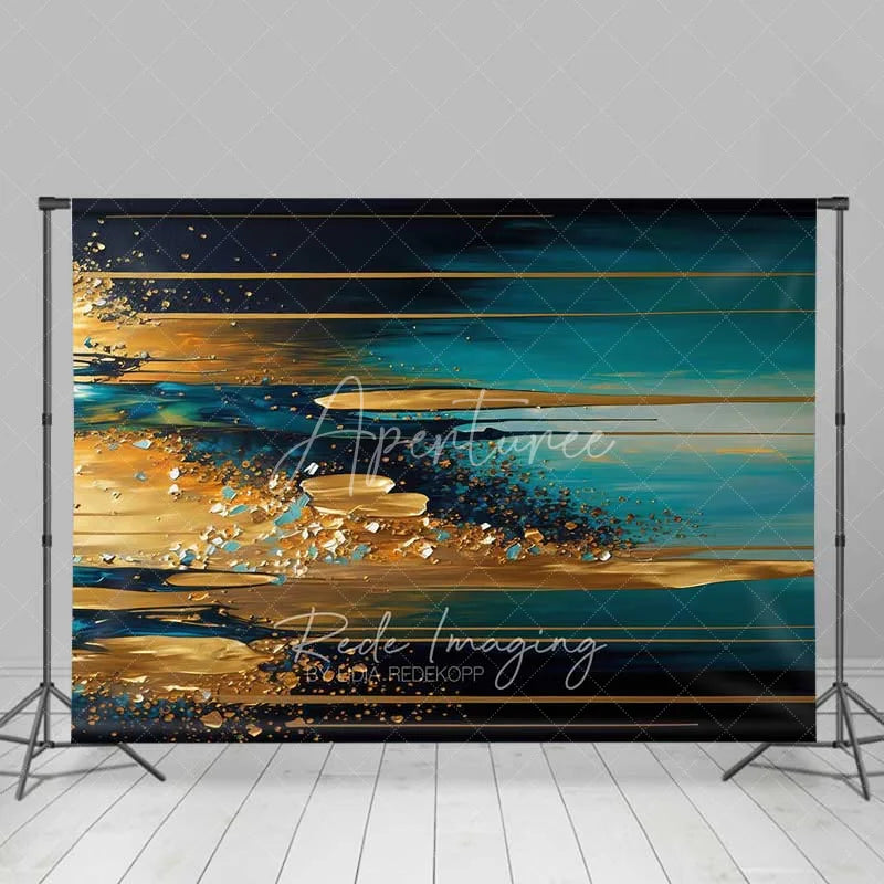 Aperturee - Aperturee Teal and Gold Horizontal Abstract Texture Backdrop Gold Leaf Art Photography Background Modern Party Event Decor
