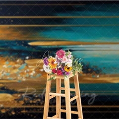 Aperturee - Aperturee Teal and Gold Horizontal Abstract Texture Backdrop Gold Leaf Art Photography Background Modern Party Event Decor