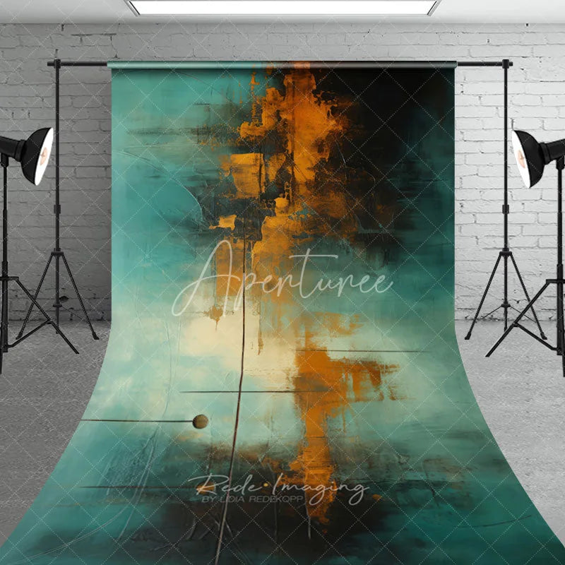 Aperturee - Aperturee Teal and Orange Abstract Textured Sweep Backdrop Modern Art Style with Dramatic Gold and Black Hues for Photography.