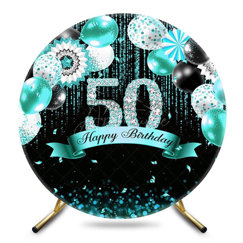 Aperturee - Aperturee Teal Balloons Glitter Round 50th Birthday Backdrop