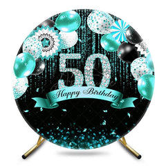 Aperturee - Aperturee Teal Balloons Glitter Round 50th Birthday Backdrop