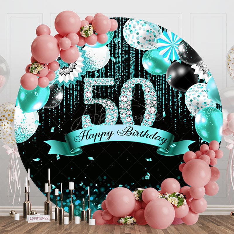 Aperturee - Aperturee Teal Balloons Glitter Round 50th Birthday Backdrop