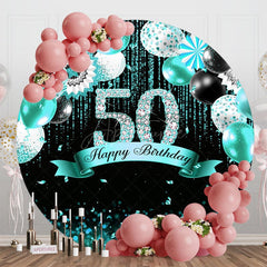 Aperturee - Aperturee Teal Balloons Glitter Round 50th Birthday Backdrop