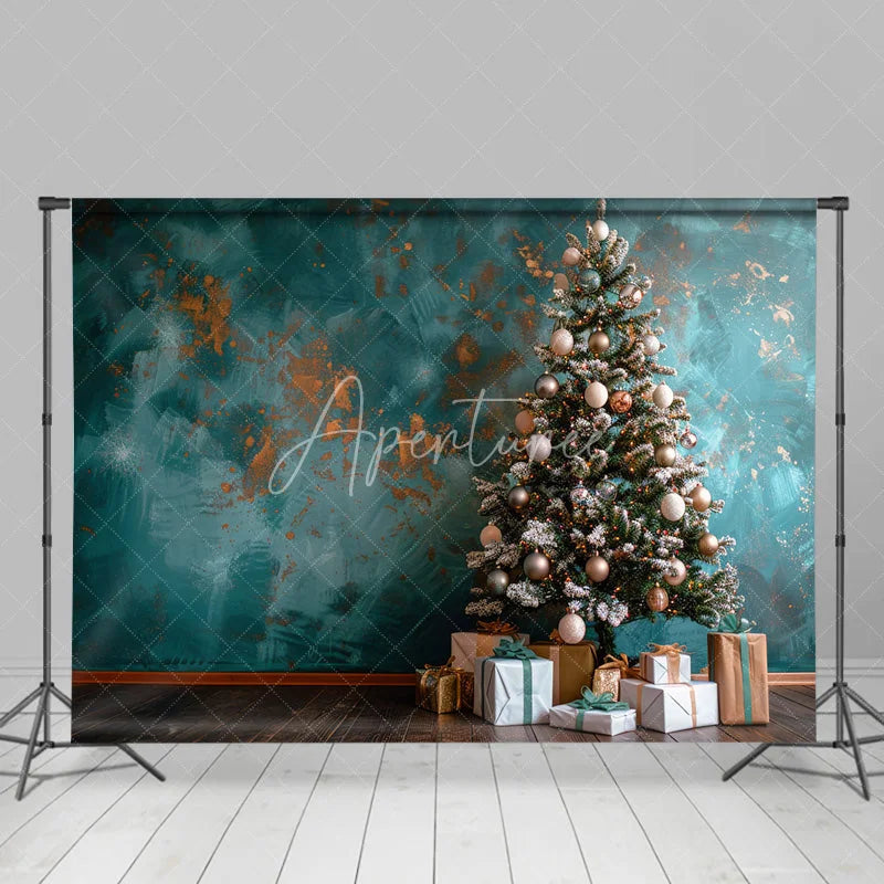 Aperturee - Aperturee Teal Blue Christmas Backdrop Abstract Grunge Wall Gold Ornament Photography Background Modern Holiday Tree Party