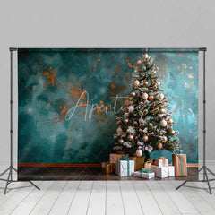 Aperturee - Aperturee Teal Blue Christmas Backdrop Abstract Grunge Wall Gold Ornament Photography Background Modern Holiday Tree Party