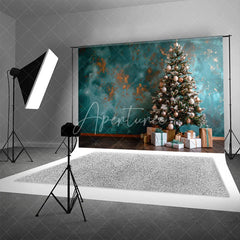 Aperturee - Aperturee Teal Blue Christmas Backdrop Abstract Grunge Wall Gold Ornament Photography Background Modern Holiday Tree Party
