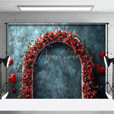 Aperturee - Aperturee Teal Blue Textured Photography Backdrop with Red Floral Arch and Hearts for Romantic Valentines Day Celebrations
