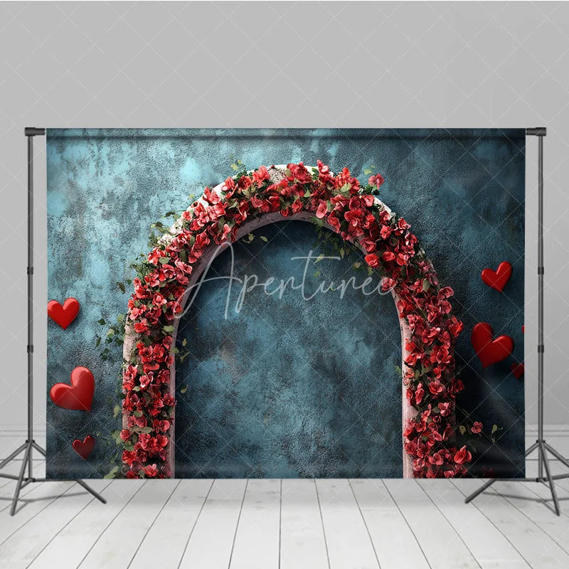 Aperturee - Aperturee Teal Blue Textured Photography Backdrop with Red Floral Arch and Hearts for Romantic Valentines Day Celebrations