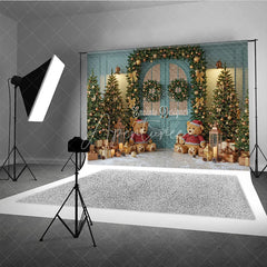 Aperturee - Aperturee Teal Christmas Door Photography Backdrop Teddy Bears in Snow with Gold Garland Holiday Mini Session Background