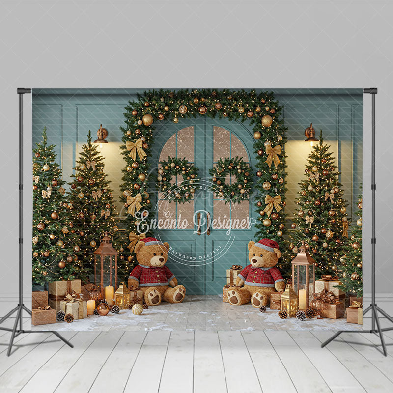 Aperturee - Aperturee Teal Christmas Door Photography Backdrop Teddy Bears in Snow with Gold Garland Holiday Mini Session Background